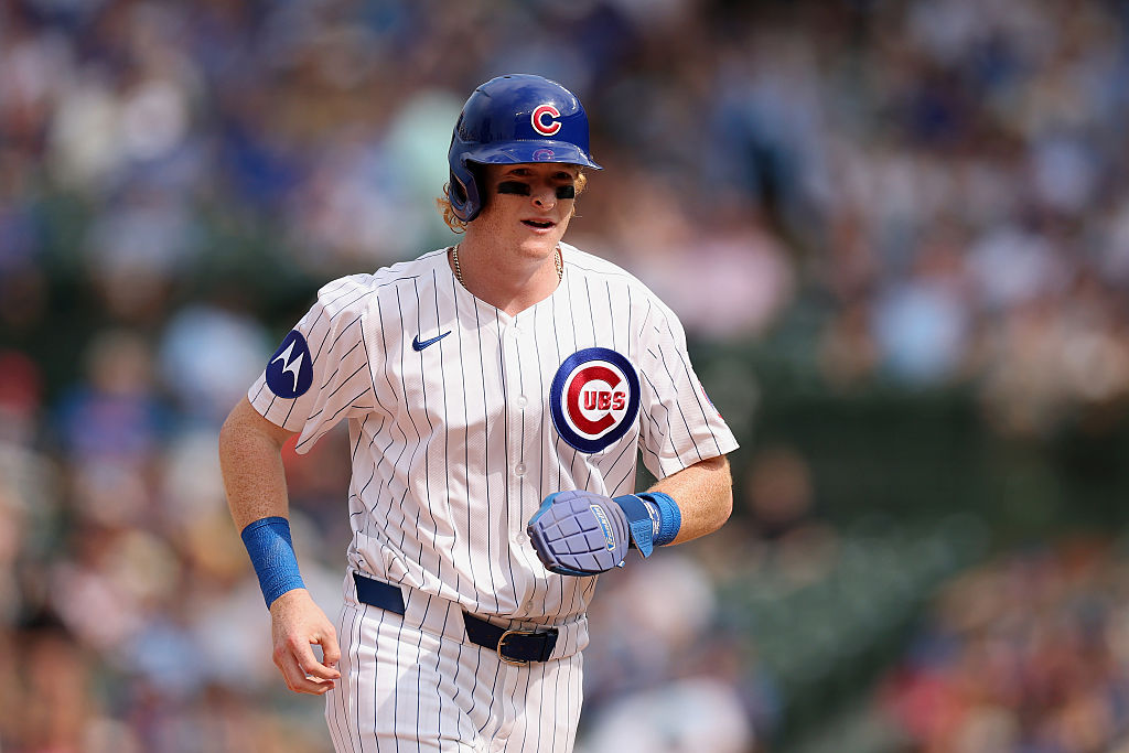 CHICAGO, ILLINOIS - AUGUST 18: Owen Caissie #19 of the Chicago Cubs in action against the Milwaukee Brewers in game one of a doubleheader at Wrigley Field on August 18, 2025 in Chicago, Illinois. (Photo by Luke Hales/Getty Images)