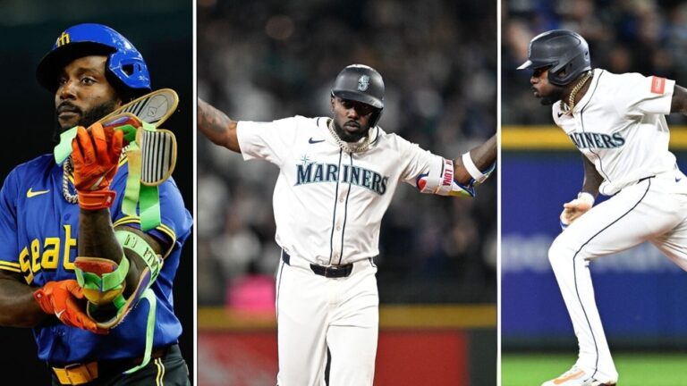 LEFT: Randy Arozarena removes his batting protection during the fourth inning against the Los Angeles Angels. (Photo by Alika Jenner/Getty Images) CENTER: Arozarena reacts after hitting a two-run home run in the top of the eighth inning during the game between the Athletics and Mariners. (Photo by Rod Mar/MLB Photos via Getty Images) RIGHT: Arozarena rounds the bases during the game between the Athletics and Mariners. (Photo by Rod Mar/MLB Photos via Getty Images)