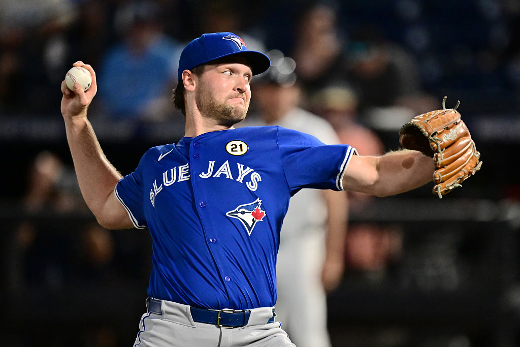 TAMPA, FLORIDA - SEPTEMBER 15: Trey Yesavage #39 of the Toronto Blue Jays delivers a pitch in the first inning against the Tampa Bay Rays during his Major League debut at George M. Steinbrenner Field on September 15, 2025 in Tampa, Florida. (Photo by Julio Aguilar/Getty Images)