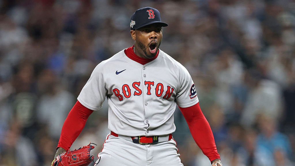 NEW YORK, NEW YORK - SEPTEMBER 30: Aroldis Chapman #44 of the Boston Red Sox reacts after striking out Trent Grisham #12 of the New York Yankees (not pictured) to end game one of the American League Wild Card Series at Yankee Stadium on September 30, 2025 in the Bronx borough of New York City. (Photo by Ishika Samant/Getty Images)