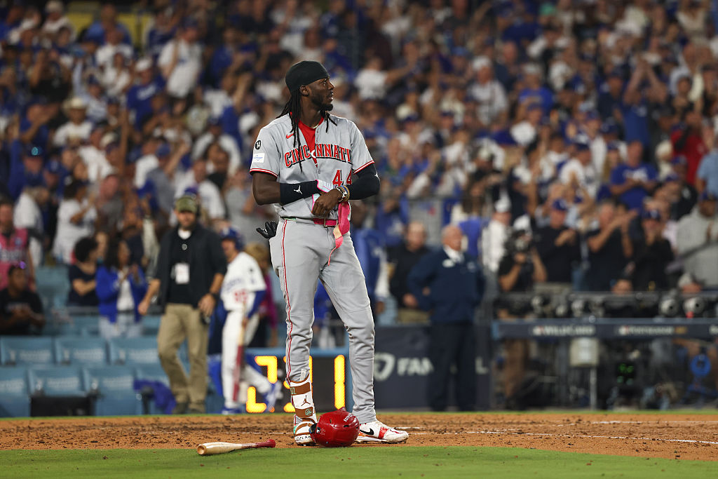 LOS ANGELES, CA - OCTOBER 01: Elly De La Cruz #44 of the Cincinnati Reds reacts to striking out in the sixth inning during Game Two of the National League Wild Card Series between the Cincinnati Reds and the Los Angeles Dodgers at Dodger Stadium on Wednesday, October 1, 2025 in Los Angeles, California. (Photo by Katelyn Mulcahy/MLB Photos via Getty Images)