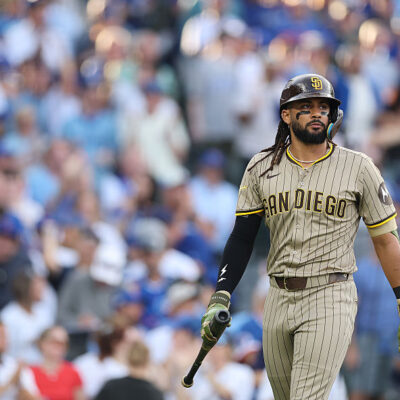 CHICAGO, ILLINOIS - OCTOBER 02: Fernando Tatis Jr. #23 of the San Diego Padres reacts after striking out in the third inning against the Chicago Cubs in game three of the National League Wild Card Series at Wrigley Field on October 02, 2025 in Chicago, Illinois. (Photo by Michael Reaves/Getty Images)