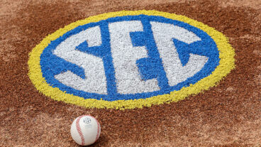 HOOVER, AL - MAY 25: The SEC logo and an SEC baseball is displayed on the back of the mound before the SEC Baseball Tournament Final game between Ole Miss Rebels and Vanderbilt Commodores on May 25, 2025, at Hoover Metropolitan Stadium in Hoover, Alabama. (Photo by David Buono/Icon Sportswire via Getty Images)