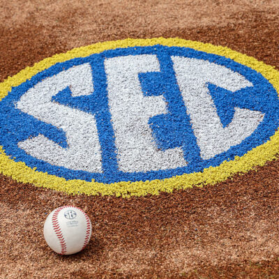 HOOVER, AL - MAY 25: The SEC logo and an SEC baseball is displayed on the back of the mound before the SEC Baseball Tournament Final game between Ole Miss Rebels and Vanderbilt Commodores on May 25, 2025, at Hoover Metropolitan Stadium in Hoover, Alabama. (Photo by David Buono/Icon Sportswire via Getty Images)