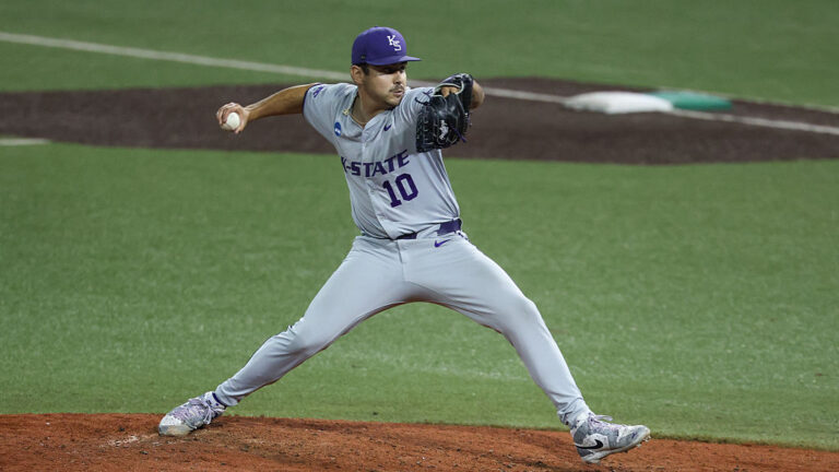 AUSTIN, TX - MAY 30: Kansas St. pitcher Blake Dean (10) pitches the ball during the NCAA Division I Regional game between Kansas State Wildcats and UTSA Roadrunners on May 30, 2025, at UFCU Disch-Falk Field in Austin, Texas. (Photo by David Buono/Icon Sportswire via Getty Images)