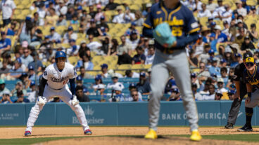 LOS ANGELES, CA - JULY 20: Los Angeles Dodgers designated hitter Shohei Ohtani (17) leads off at first after being walked in the eighth inning during a game between Los Angeles Dodgers and Milwaukee Brewers on July 20, 2025 at Dodger Stadium in Los Angeles, California (Photo by Greg Fiore/Icon Sportswire via Getty Images)