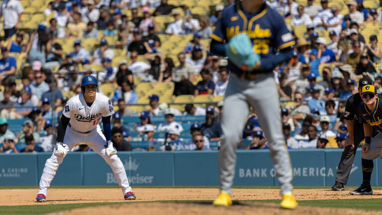 LOS ANGELES, CA - JULY 20: Los Angeles Dodgers designated hitter Shohei Ohtani (17) leads off at first after being walked in the eighth inning during a game between Los Angeles Dodgers and Milwaukee Brewers on July 20, 2025 at Dodger Stadium in Los Angeles, California (Photo by Greg Fiore/Icon Sportswire via Getty Images)