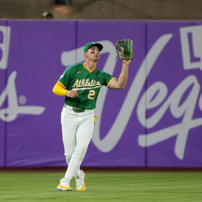 SACRAMENTO, CALIFORNIA - AUGUST 27: Tyler Soderstrom #21 of the Athletics catches a fly ball hit by Colt Keith #33 of the Detroit Tigers in the top of the fifth inning at Sutter Health Park on August 27, 2025 in Sacramento, California. (Photo by Thearon W. Henderson/Getty Images)