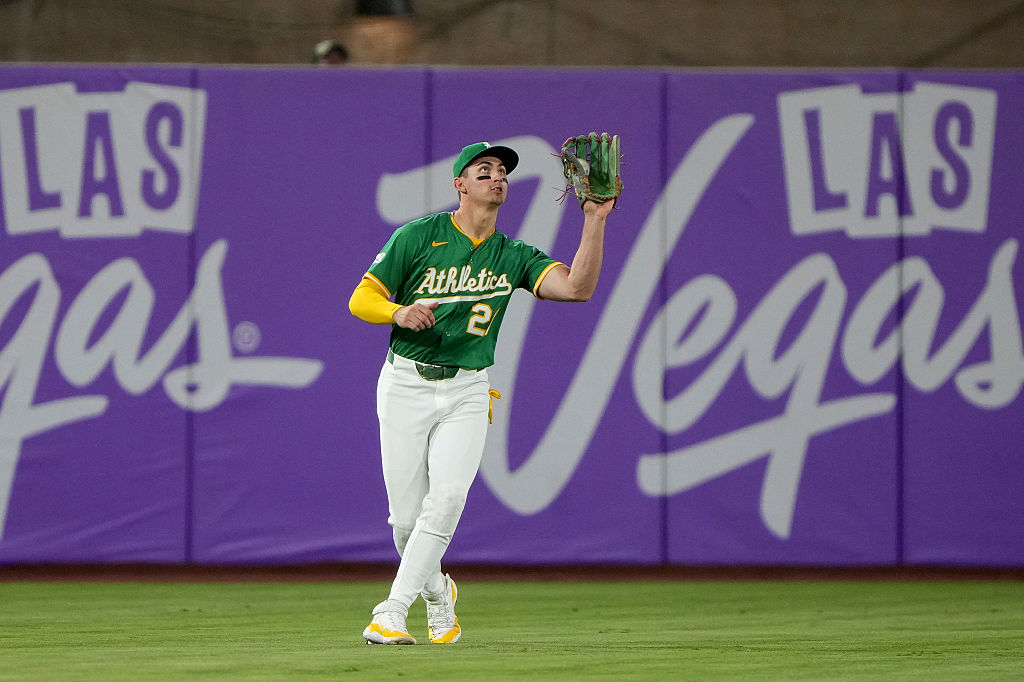 SACRAMENTO, CALIFORNIA - AUGUST 27: Tyler Soderstrom #21 of the Athletics catches a fly ball hit by Colt Keith #33 of the Detroit Tigers in the top of the fifth inning at Sutter Health Park on August 27, 2025 in Sacramento, California. (Photo by Thearon W. Henderson/Getty Images)