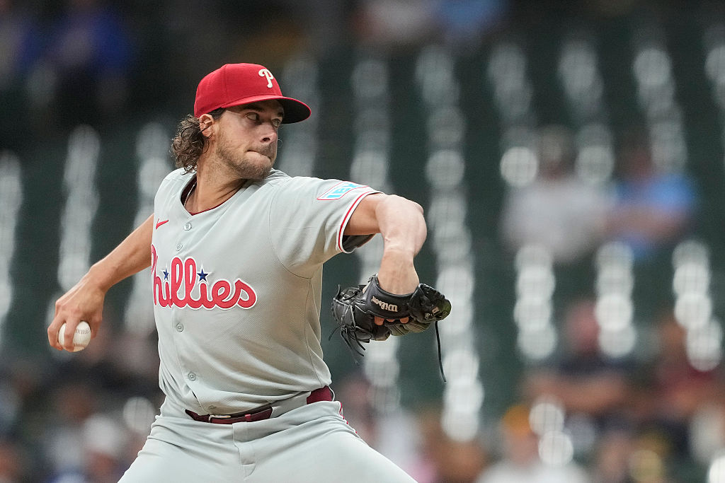 MILWAUKEE, WISCONSIN - SEPTEMBER 03: Aaron Nola #27 of the Philadelphia Phillies pitches against the Milwaukee Brewers in the first inning at American Family Field on September 03, 2025 in Milwaukee, Wisconsin. (Photo by Patrick McDermott/Getty Images)