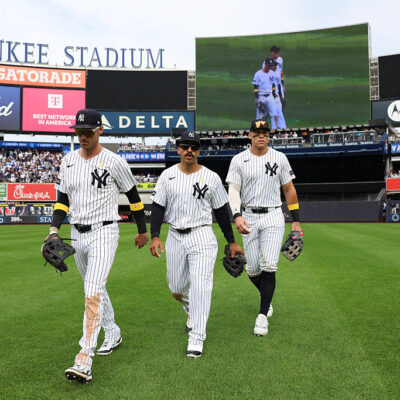 NEW YORK, NY - SEPTEMBER 07: Cody Bellinger #35, Trent Grisham #12 and Aaron Judge #99 of the New York Yankees look on during the game against the Toronto Blue Jays at Yankee Stadium on September 7, 2025 in New York, New York. (Photo by New York Yankees/Getty Images)