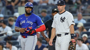 BRONX, NY - SEPTEMBER 05: Vladimir Guerrero Jr. #27 of the Toronto Blue Jays and Paul Goldschmidt #48 of the New York Yankees at first base during the game on September 5, 2025 at Yankee Stadium in the Bronx, New York. (Photo by Rich Graessle/Icon Sportswire via Getty Images)