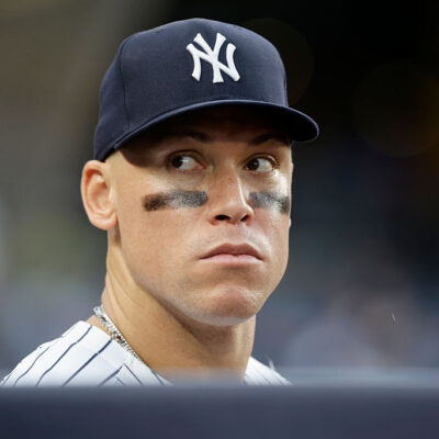 NEW YORK, NEW YORK - SEPTEMBER 06: Aaron Judge #99 of the New York Yankees looks on against the Toronto Blue Jays at Yankee Stadium on September 06, 2025 in New York City. The Yankees defeated the Blue Jays 3-1. (Photo by Jim McIsaac/Getty Images)