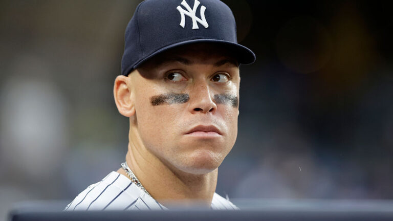 NEW YORK, NEW YORK - SEPTEMBER 06: Aaron Judge #99 of the New York Yankees looks on against the Toronto Blue Jays at Yankee Stadium on September 06, 2025 in New York City. The Yankees defeated the Blue Jays 3-1. (Photo by Jim McIsaac/Getty Images)