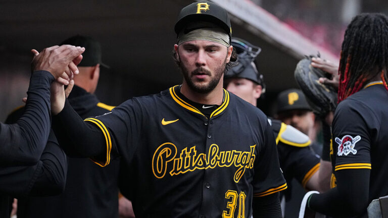 CINCINNATI, OHIO - SEPTEMBER 24: Paul Skenes #30 of the Pittsburgh Pirates celebrates with teammates prior to a baseball game against the Cincinnati Reds at Great American Ball Park on September 24, 2025 in Cincinnati, Ohio. (Photo by Jeff Dean/Getty Images)