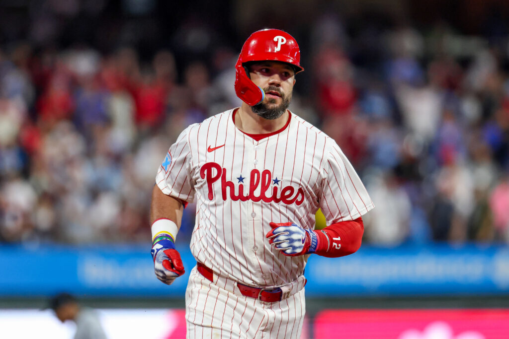 PHILADELPHIA, PENNSYLVANIA - SEPTEMBER 24: Kyle Schwarber #12 of the Philadelphia Phillies runs the bases after hitting a home run against the Miami Marlins at Citizens Bank Park on September 24, 2025 in Philadelphia, Pennsylvania. (Photo by Isaiah Vazquez/Getty Images)