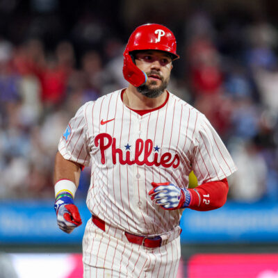PHILADELPHIA, PENNSYLVANIA - SEPTEMBER 24: Kyle Schwarber #12 of the Philadelphia Phillies runs the bases after hitting a home run against the Miami Marlins at Citizens Bank Park on September 24, 2025 in Philadelphia, Pennsylvania. (Photo by Isaiah Vazquez/Getty Images)