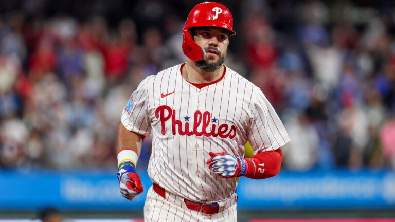 PHILADELPHIA, PENNSYLVANIA - SEPTEMBER 24: Kyle Schwarber #12 of the Philadelphia Phillies runs the bases after hitting a home run against the Miami Marlins at Citizens Bank Park on September 24, 2025 in Philadelphia, Pennsylvania. (Photo by Isaiah Vazquez/Getty Images)
