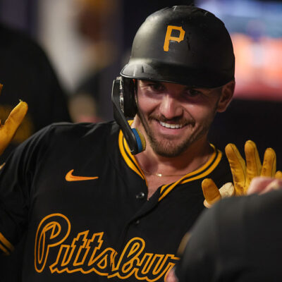 ATLANTA, GEORGIA - SEPTEMBER 26: Spencer Horwitz #2 of the Pittsburgh Pirates celebrates with teammates after a home run against the Atlanta Braves in the seventh inning at Truist Park on September 26, 2025 in Atlanta, Georgia. (Photo by Brett Davis/Getty Images)