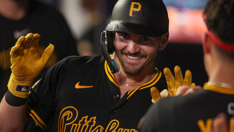 ATLANTA, GEORGIA - SEPTEMBER 26: Spencer Horwitz #2 of the Pittsburgh Pirates celebrates with teammates after a home run against the Atlanta Braves in the seventh inning at Truist Park on September 26, 2025 in Atlanta, Georgia. (Photo by Brett Davis/Getty Images)