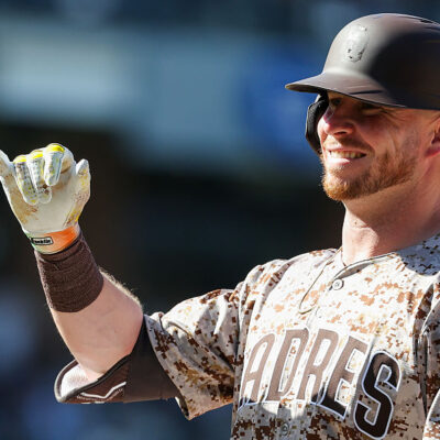 SAN DIEGO, CALIFORNIA - SEPTEMBER 28: Ryan O'Hearn #32 of the San Diego Padres celebrates after a single during the eighth inning against the Arizona Diamondbacks at Petco Park on September 28, 2025 in San Diego, California. (Photo by Meg McLaughlin/Getty Images)