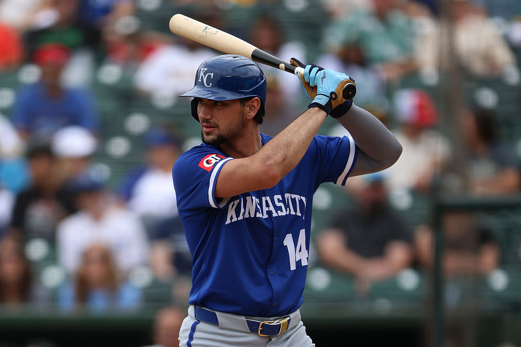 SACRAMENTO, CALIFORNIA - SEPTEMBER 28: Jac Caglianone #14 of the Kansas City Royals bats against the Athletics during the ninth inning at Sutter Health Park on September 28, 2025 in Sacramento, California. (Photo by Scott Marshall/Getty Images)