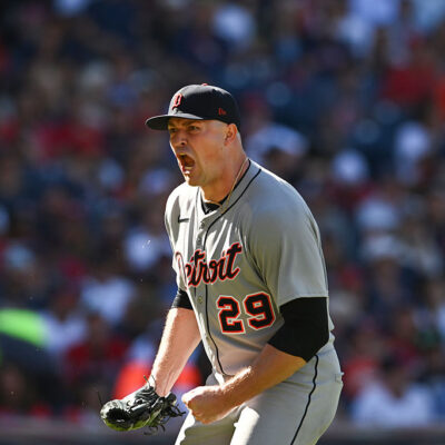 CLEVELAND, OHIO - SEPTEMBER 30: Tarik Skubal #29 of the Detroit Tigers celebrates a strikeout in the seventh inning against the Cleveland Guardians during game one of the American League Wild Card Series at Progressive Field on September 30, 2025 in Cleveland, Ohio. (Photo by Nick Cammett/Getty Images)