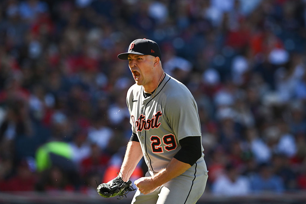 CLEVELAND, OHIO - SEPTEMBER 30: Tarik Skubal #29 of the Detroit Tigers celebrates a strikeout in the seventh inning against the Cleveland Guardians during game one of the American League Wild Card Series at Progressive Field on September 30, 2025 in Cleveland, Ohio. (Photo by Nick Cammett/Getty Images)