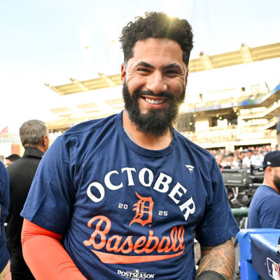 CLEVELAND, OH - OCTOBER 02: Gleyber Torres #25 of the Detroit Tigers celebrates after Game Three of the American League Wild Card Series between the Detroit Tigers and the Cleveland Guardians at Progressive Field on Thursday, October 2, 2025 in Cleveland, Ohio. (Photo by Grace Hoppel/MLB Photos via Getty Images)