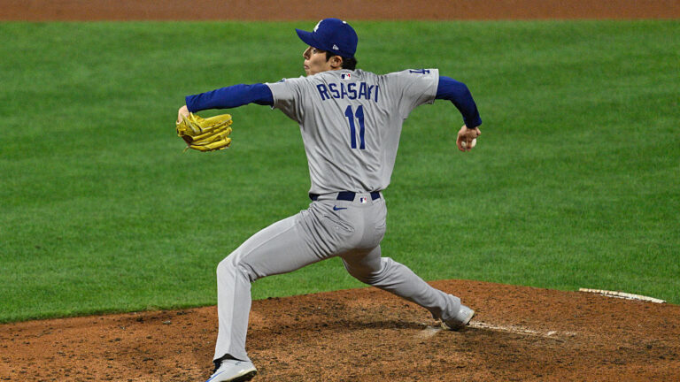 PHILADELPHIA, PA - OCTOBER 04: Los Angeles Dodgers pitcher Roki Sasaki #11 pitches the ball during the NLDS game between the Philadelphia Phillies and the Los Angeles Dodgers on October 4th, 2025 at Citizens Bank Park in Philadelphia, PA. (Photo by Terence Lewis/Icon Sportswire via Getty Images)
