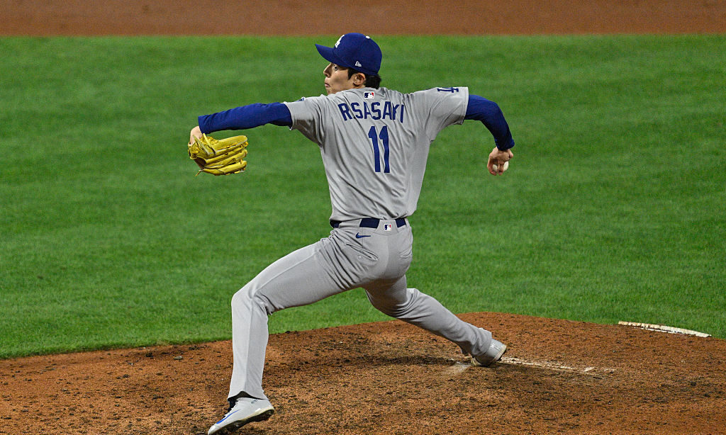 PHILADELPHIA, PA - OCTOBER 04: Los Angeles Dodgers pitcher Roki Sasaki #11 pitches the ball during the NLDS game between the Philadelphia Phillies and the Los Angeles Dodgers on October 4th, 2025 at Citizens Bank Park in Philadelphia, PA.  (Photo by Terence Lewis/Icon Sportswire via Getty Images)