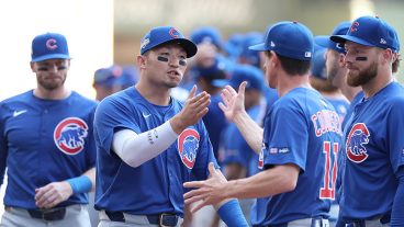 MILWAUKEE, WISCONSIN - OCTOBER 04: (L-R) Seiya Suzuki #27 of the Chicago Cubs greets manager Craig Counsell #11 prior to game one of the Division Series against the Milwaukee Brewers at American Family Field on October 04, 2025 in Milwaukee, Wisconsin. (Photo by Michael Reaves/Getty Images)