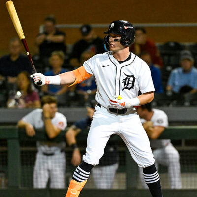 SCOTTSDALE, AZ - OCTOBER 06: Kevin McGonigle #9 of the Scottsdale Scorpions bats during the game between the Peoria Javelinas and the Scottsdale Scorpions at Scottsdale Stadium on Monday, October 6, 2025 in Scottsdale, Arizona. (Photo by Norm Hall/MLB Photos via Getty Images)
