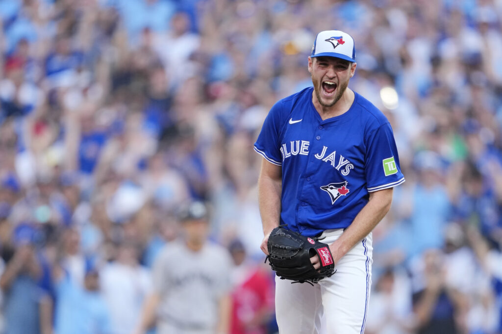 TORONTO, ONTARIO - OCTOBER 05: Trey Yesavage #39 of the Toronto Blue Jays celebrates after his tenth strikeout during the fourth inning in game two of the American League Division Series against the New York Yankees at Rogers Centre on October 05, 2025 in Toronto, Ontario. (Photo by Mark Blinch/Getty Images)