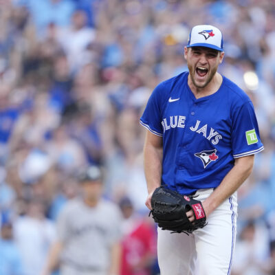 TORONTO, ONTARIO - OCTOBER 05: Trey Yesavage #39 of the Toronto Blue Jays celebrates after his tenth strikeout during the fourth inning in game two of the American League Division Series against the New York Yankees at Rogers Centre on October 05, 2025 in Toronto, Ontario. (Photo by Mark Blinch/Getty Images)