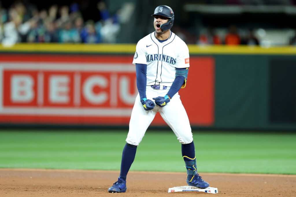 SEATTLE, WASHINGTON - OCTOBER 05: Julio Rodríguez #44 of the Seattle Mariners celebrates after hitting a RBI double against the Detroit Tigers during the eighth inning in game two of the Division Series at T-Mobile Park on October 05, 2025 in Seattle, Washington. (Photo by Steph Chambers/Getty Images)