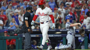 PHILADELPHIA, PENNSYLVANIA - OCTOBER 06: Bryce Harper #3 of the Philadelphia Phillies walks to the dugout after striking out during the sixth inning against the Los Angeles Dodgers in game two of the National League Division Series at Citizens Bank Park on October 06, 2025 in Philadelphia, Pennsylvania. (Photo by Emilee Chinn/Getty Images)