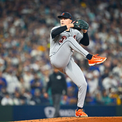 SEATTLE, WA - OCTOBER 10: Tarik Skubal #29 of the Detroit Tigers pitches in the first inning during Game Five of the American League Division Series presented by Booking.com between the Detroit Tigers and the Seattle Mariners at T-Mobile Park on Friday, October 10, 2025 in Seattle, Washington. (Photo by Jane Gershovich/MLB Photos via Getty Images)
