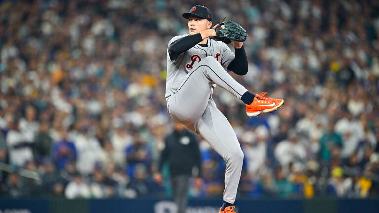 SEATTLE, WA - OCTOBER 10: Tarik Skubal #29 of the Detroit Tigers pitches in the first inning during Game Five of the American League Division Series presented by Booking.com between the Detroit Tigers and the Seattle Mariners at T-Mobile Park on Friday, October 10, 2025 in Seattle, Washington. (Photo by Jane Gershovich/MLB Photos via Getty Images)