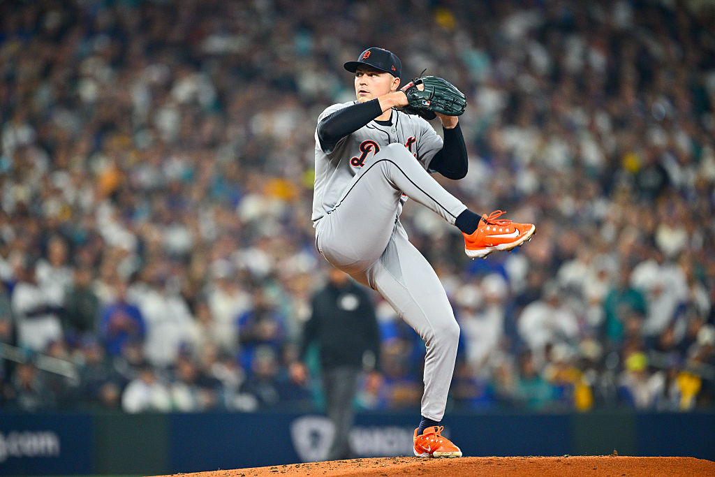 SEATTLE, WA - OCTOBER 10: Tarik Skubal #29 of the Detroit Tigers pitches in the first inning during Game Five of the American League Division Series presented by Booking.com between the Detroit Tigers and the Seattle Mariners at T-Mobile Park on Friday, October 10, 2025 in Seattle, Washington. (Photo by Jane Gershovich/MLB Photos via Getty Images)