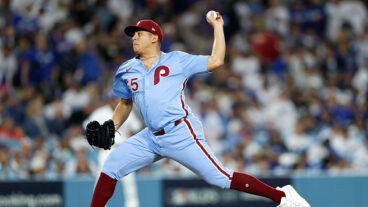 LOS ANGELES, CALIFORNIA - OCTOBER 08: Ranger Suárez #55 of the Philadelphia Phillies pitches against the Los Angeles Dodgers during the seventh inning in game three of the National League Division Series at Dodger Stadium on October 08, 2025 in Los Angeles, California. (Photo by Ronald Martinez/Getty Images)