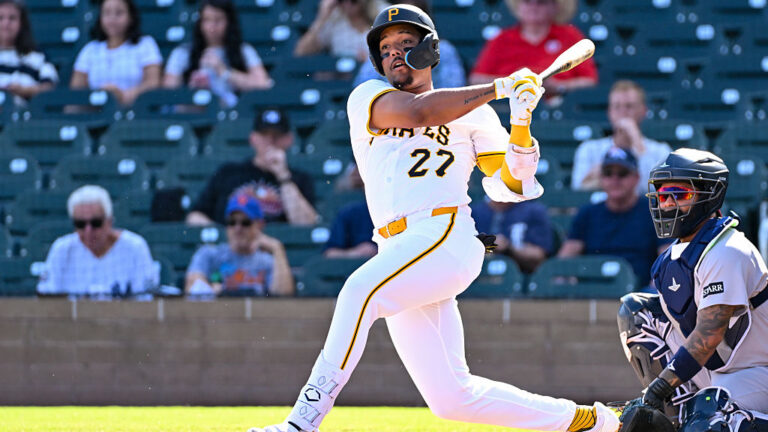 TALKING STICK, AZ - OCTOBER 22: Esmerlyn Valdez #27 of the Salt River Rafters bats during the game between the Mesa Solar Sox and the Salt River Rafters at Salt River Fields at Talking Stick on Wednesday, October 22, 2025 in Talking Stick, Arizona. (Photo by Norm Hall/MLB Photos via Getty Images)