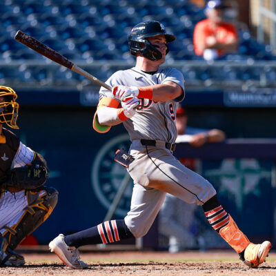PEORIA, ARIZONA - OCTOBER 21: Kevin McGonigle #9 of the Scottsdale Scorpions hits an RBI single during an Arizona Fall League game against the Peoria Javelinas at Peoria Sports Complex on October 21, 2025 in Peoria, Arizona. (Photo by Brandon Sloter/Getty Images)