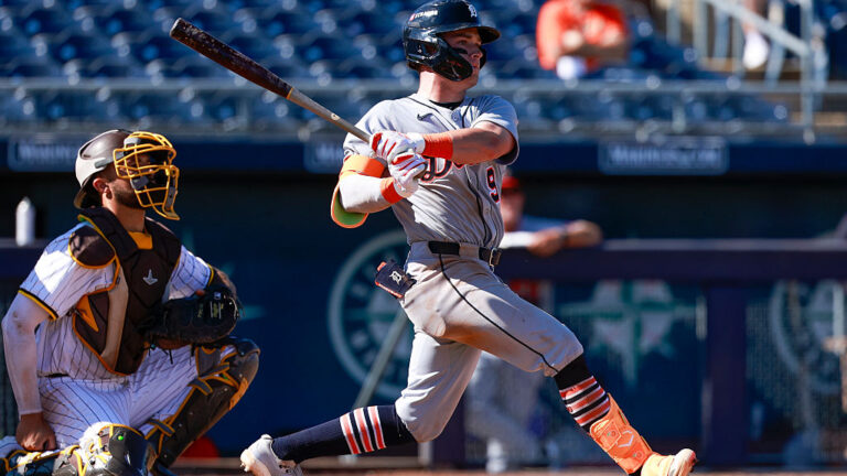 PEORIA, ARIZONA - OCTOBER 21: Kevin McGonigle #9 of the Scottsdale Scorpions hits an RBI single during an Arizona Fall League game against the Peoria Javelinas at Peoria Sports Complex on October 21, 2025 in Peoria, Arizona. (Photo by Brandon Sloter/Getty Images)
