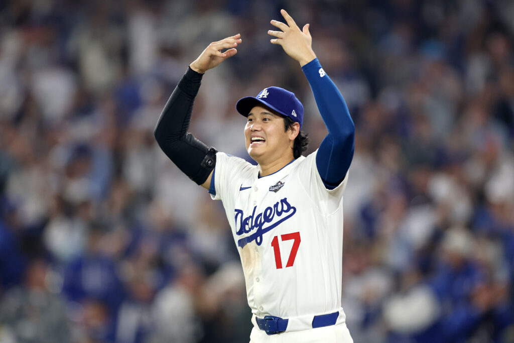 LOS ANGELES, CALIFORNIA - OCTOBER 27: Shohei Ohtani #17 of the Los Angeles Dodgers celebrates on the field after the Dodgers defeated the Toronto Blue Jays in game three of the 2025 World Series at Dodger Stadium on October 27, 2025 in Los Angeles, California. (Photo by Sean M. Haffey/Getty Images)
