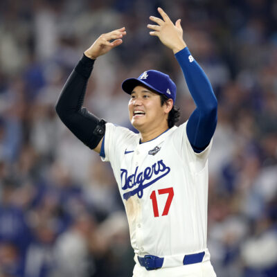 LOS ANGELES, CALIFORNIA - OCTOBER 27: Shohei Ohtani #17 of the Los Angeles Dodgers celebrates on the field after the Dodgers defeated the Toronto Blue Jays in game three of the 2025 World Series at Dodger Stadium on October 27, 2025 in Los Angeles, California. (Photo by Sean M. Haffey/Getty Images)