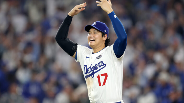 LOS ANGELES, CALIFORNIA - OCTOBER 27: Shohei Ohtani #17 of the Los Angeles Dodgers celebrates on the field after the Dodgers defeated the Toronto Blue Jays in game three of the 2025 World Series at Dodger Stadium on October 27, 2025 in Los Angeles, California. (Photo by Sean M. Haffey/Getty Images)