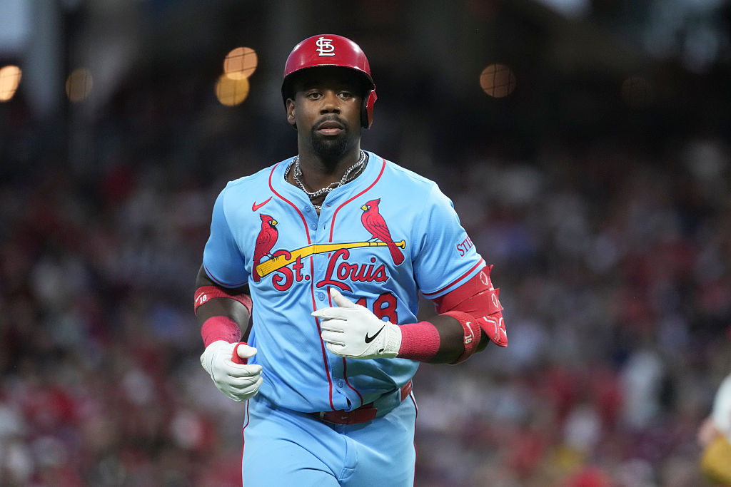 CINCINNATI, OH - AUGUST 30: Jordan Walker #18 of the St. Louis Cardinals looks on during the game between the St. Louis Cardinals and the Cincinnati Reds at Great American Ball Park on Saturday, August 30, 2025 in Cincinnati, Ohio. (Photo by Kareem Elgazzar/MLB Photos via Getty Images)