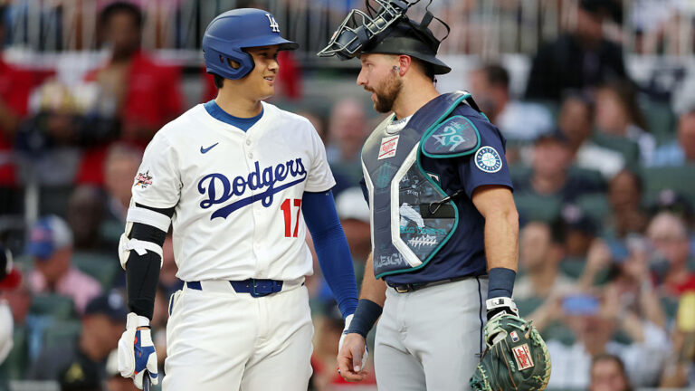 ATLANTA, GEORGIA - JULY 15: Shohei Ohtani #17 of the Los Angeles Dodgers and Cal Raleigh #29 of the Seattle Mariners speak during the first inning of the MLB All-Star Game at Truist Park on July 15, 2025 in Atlanta, Georgia. (Photo by Kevin C. Cox/Getty Images)