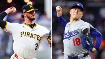 LEFT: Paul Skenes of the Pirates pitches during the MLB All-Star Game at Truist Park. (Photo by Matthew Grimes Jr./Atlanta Braves/Getty Images) RIGHT: Yoshinobu Yamamoto of the Dodgers pitches against the Diamondbacks during the first inning at Chase Field. (Photo by Chris Coduto/Getty Images)